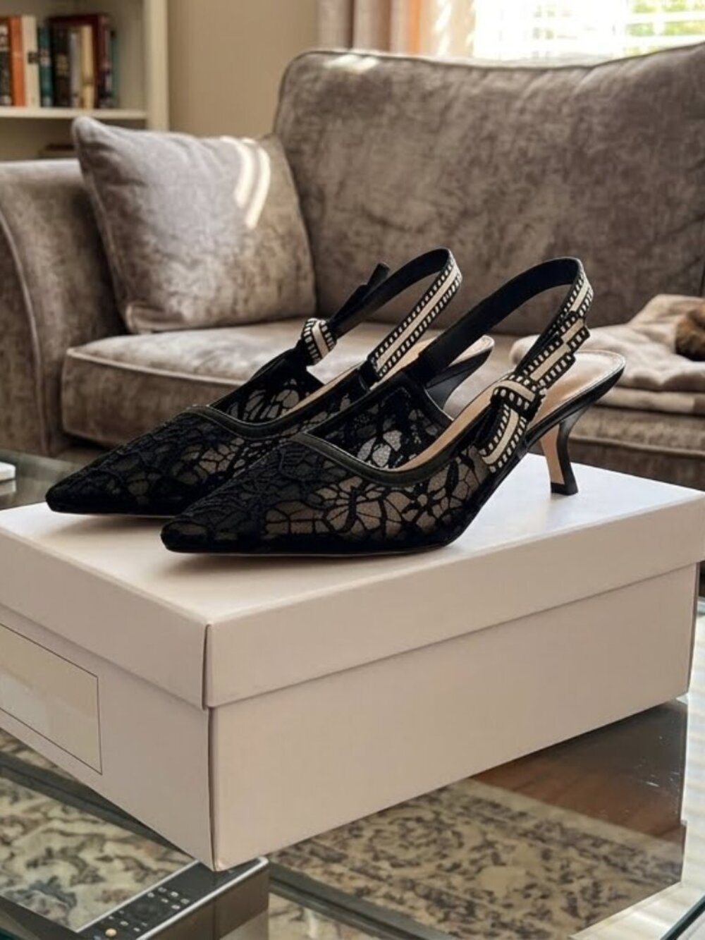 Black Lace Mesh Pointed Toe Slingback Kitten Heels Bow Accent Pumps